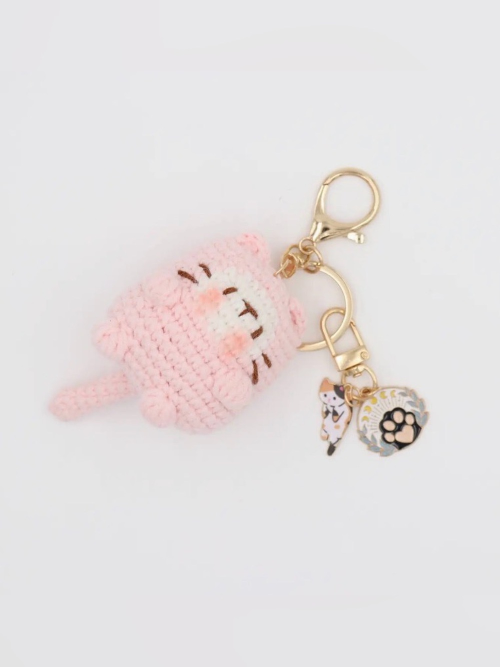 Pink Crochet Cat Keychain with Gold Tone Charms